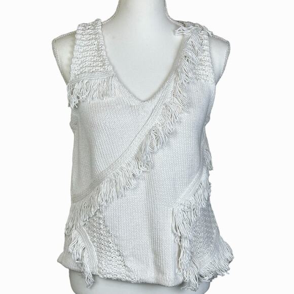 by Anthropologie Crochet Vest Size Medium White Cotton Silk Fringe Boho Knit Top - Picture 1 of 12